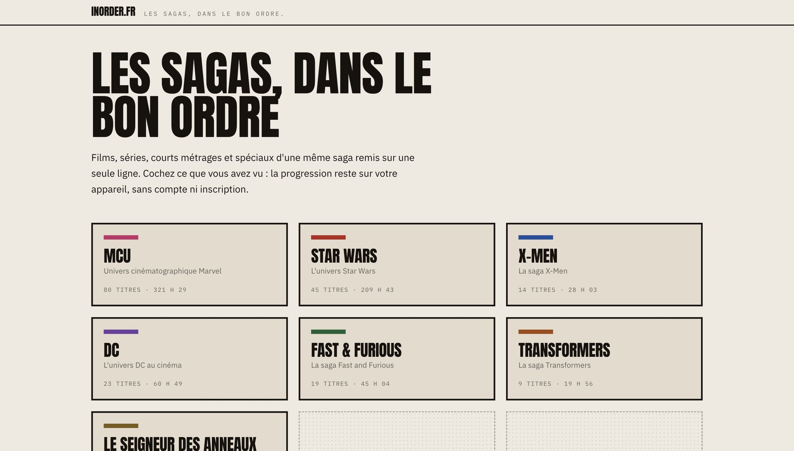 Accueil : les sagas, chacune avec sa couleur