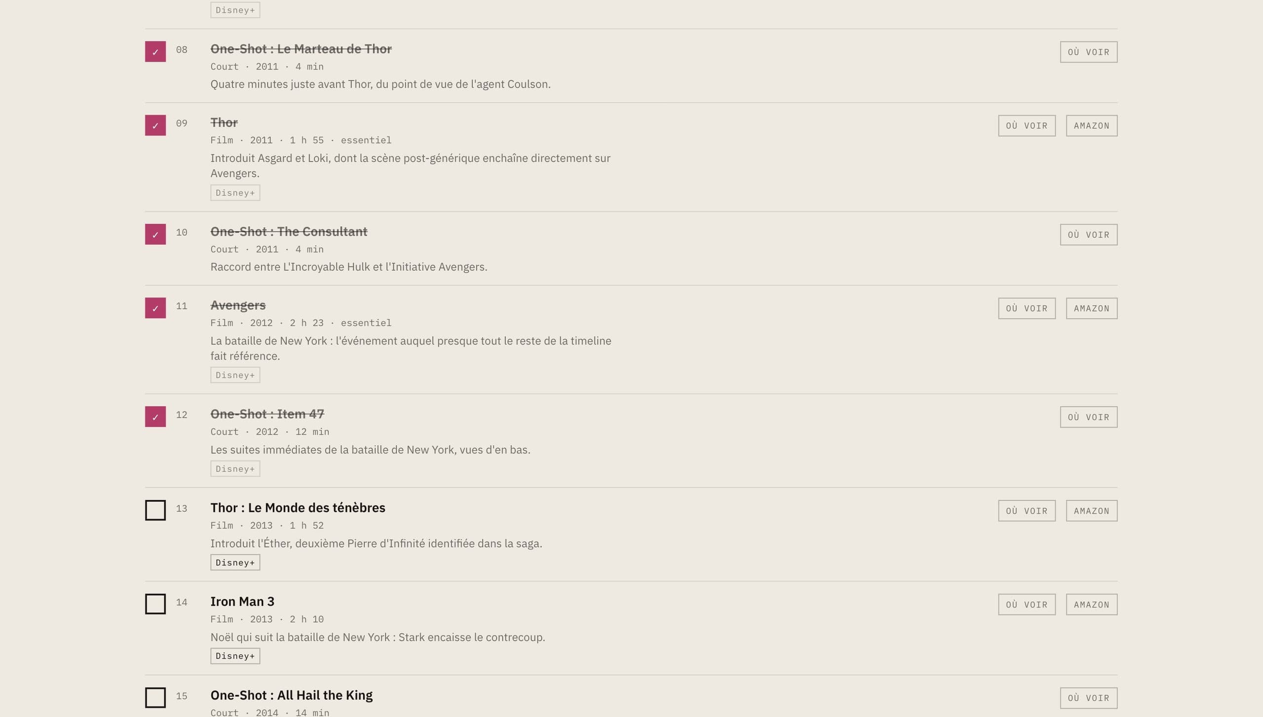 Vue liste : chronologie commentée titre par titre, cases cochées