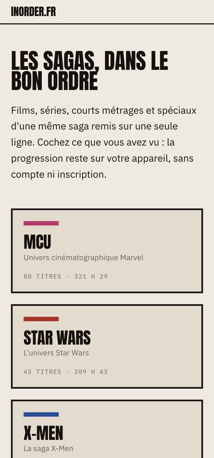 Accueil sur mobile : la liste des sagas