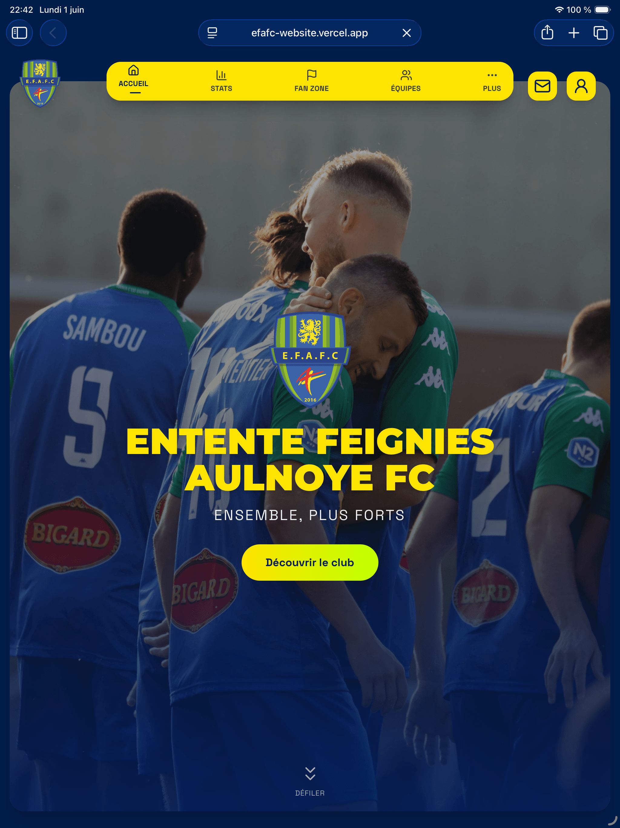 Page d'accueil du site EFAFC sur tablette