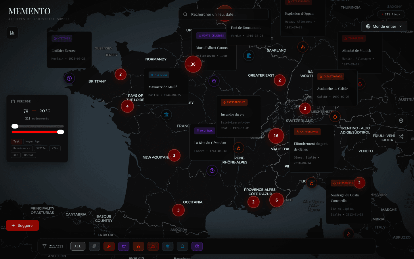 Interface de Memento : carte sombre de la France avec des marqueurs rouges
