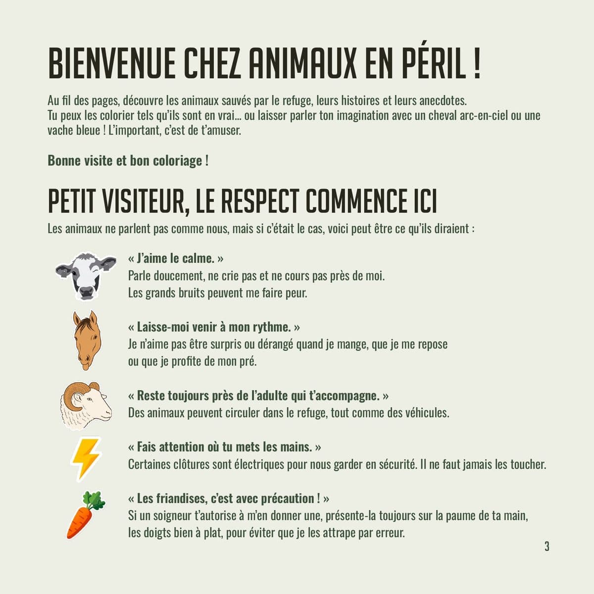 Page d’accueil du livret avec cinq règles de respect pour les visiteurs