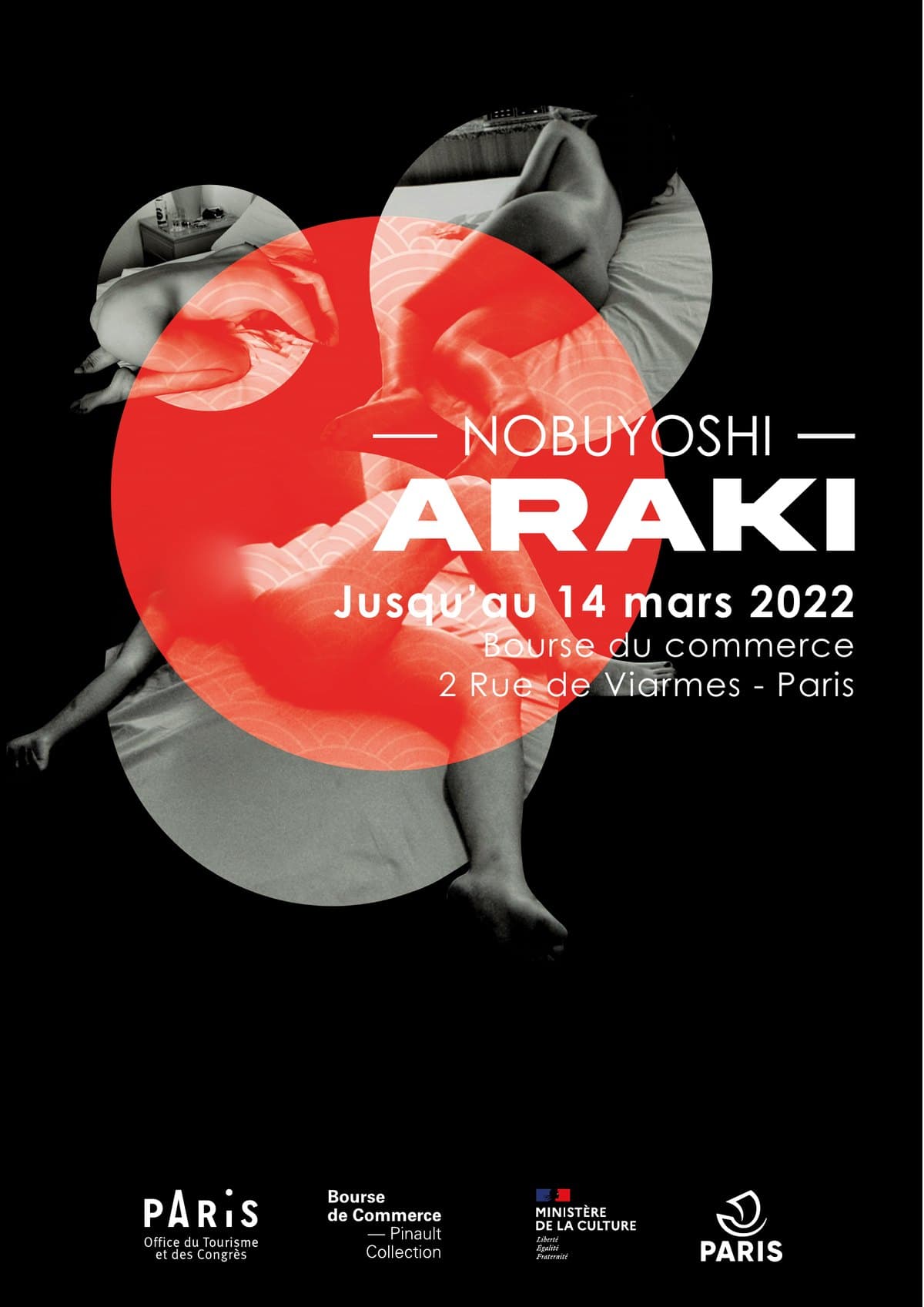 Première affiche du 9 mars : disque rouge, médaillons et titre NOBUYOSHI ARAKI centré