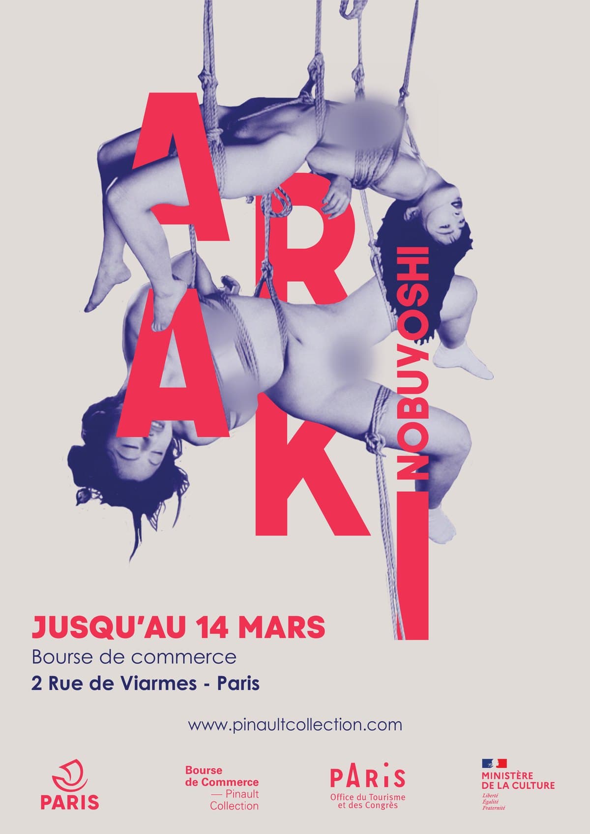 Affiche finale : photographie en bichromie, nom ARAKI en lettres rouges pris dans les cordes, date et logos des partenaires