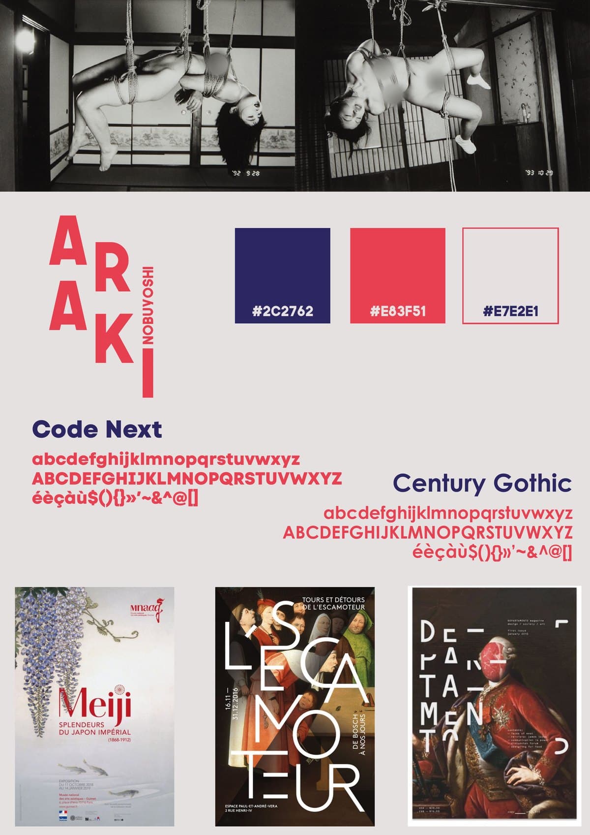 Planche de charte : photographies de référence, logotype vertical, palette bleu nuit, rouge et papier, typographies Code Next et Century Gothic, affiches de référence
