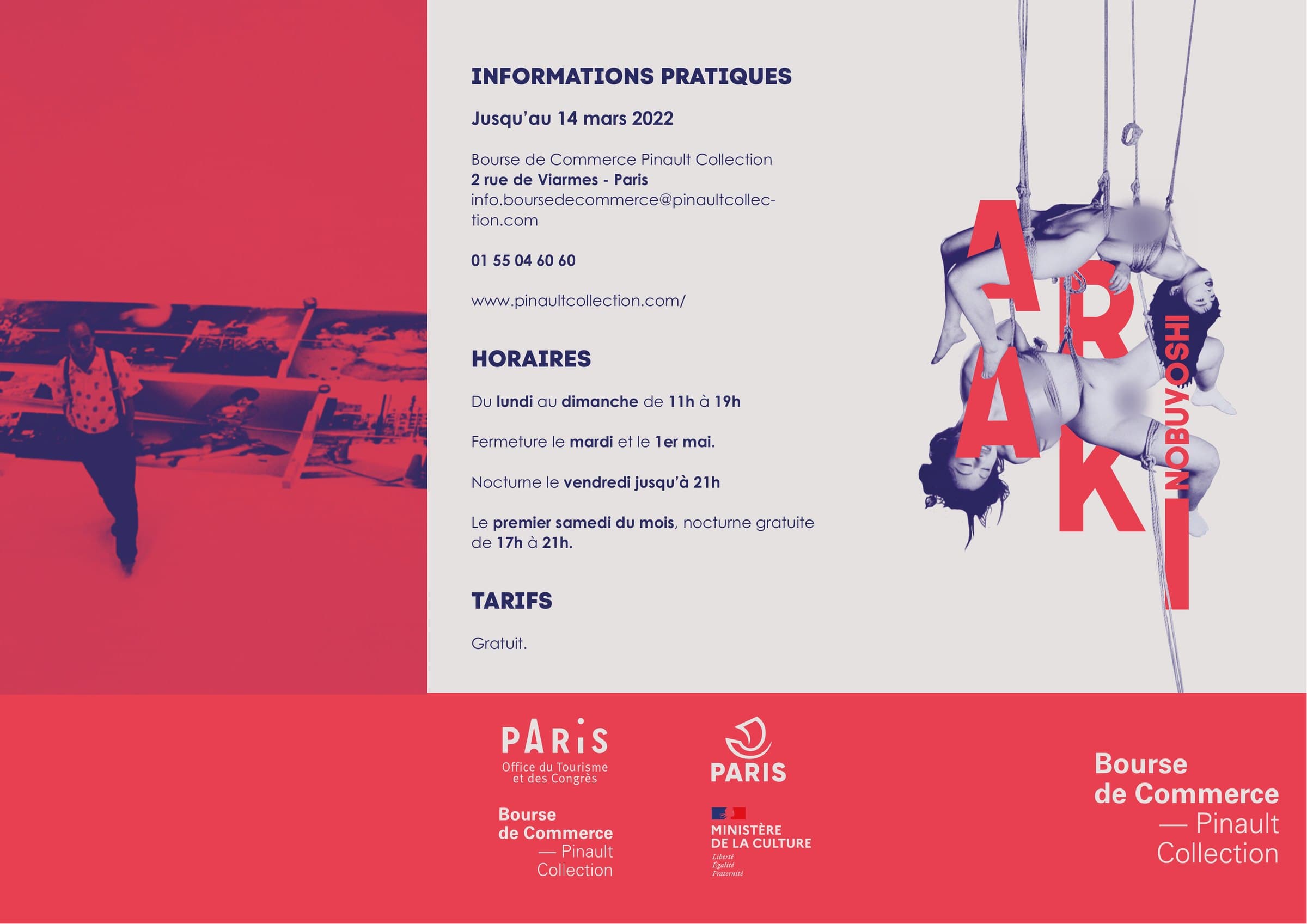 Recto du dépliant à plat : photo en bichromie rouge, informations pratiques, couverture reprise de l’affiche