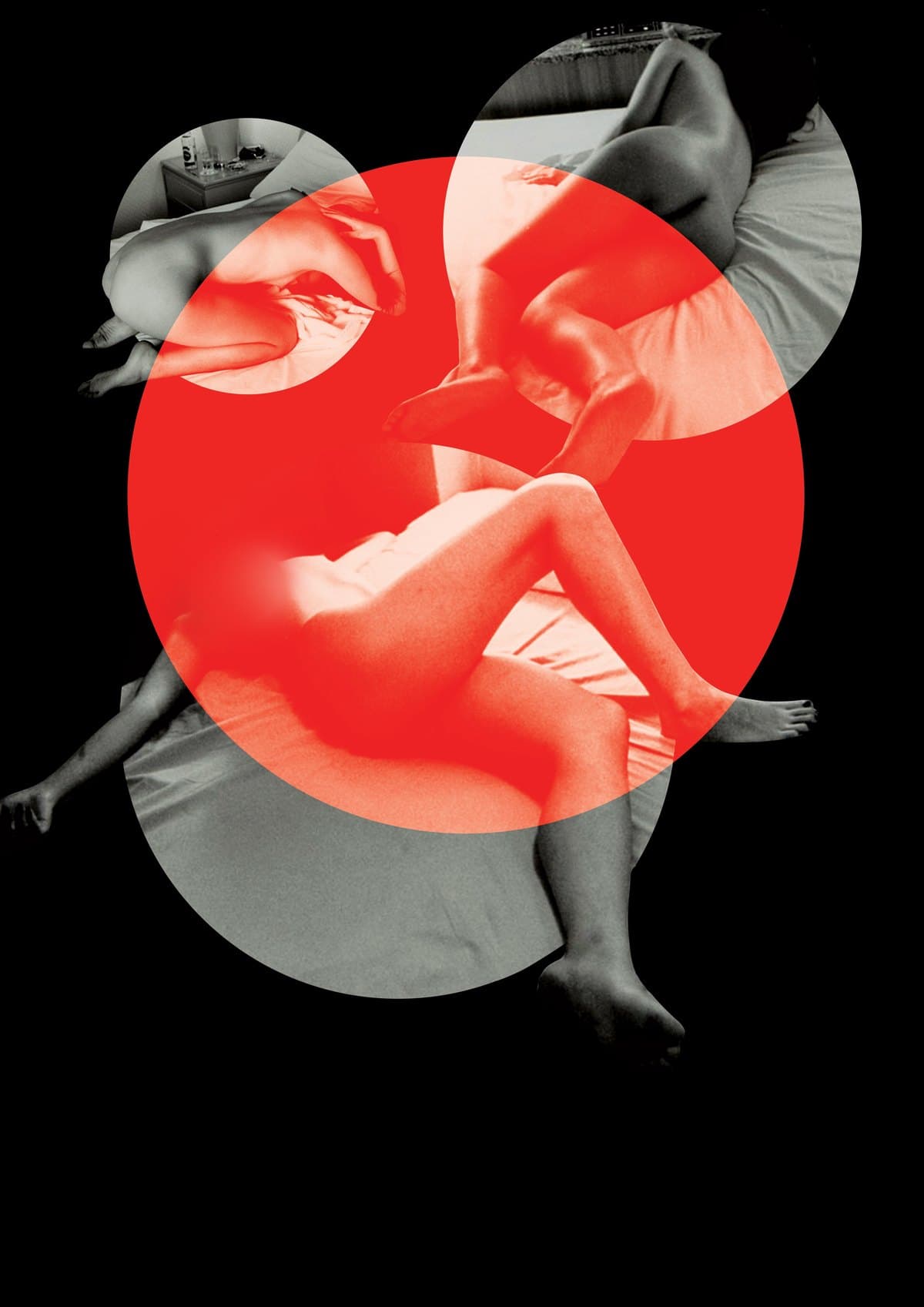 Test du 24 février : photographies en médaillons et disque rouge sur fond noir