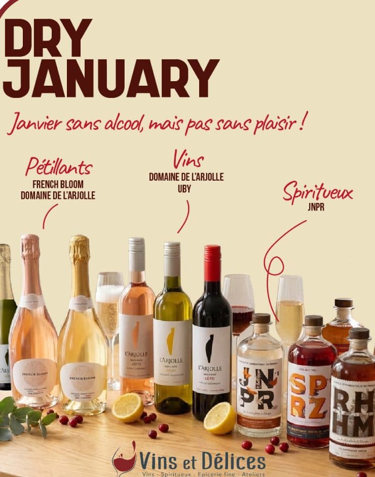 Post « Dry January » avec une sélection de bouteilles sans alcool
