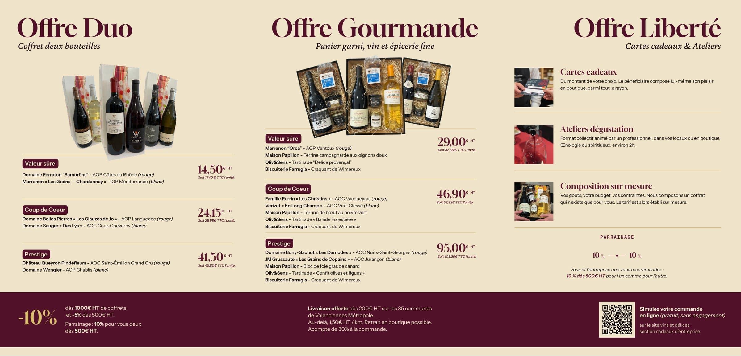 Verso du dépliant : offres Duo, Gourmande et Liberté avec gammes et prix