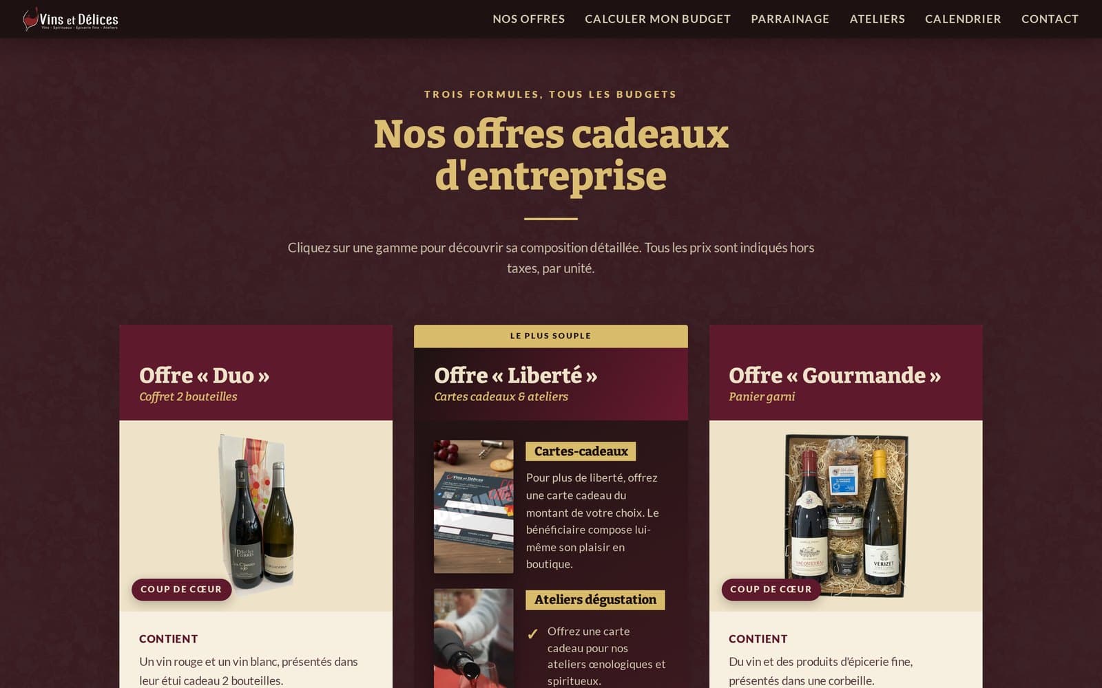 Section des offres : cartes Duo, Liberté et Gourmande