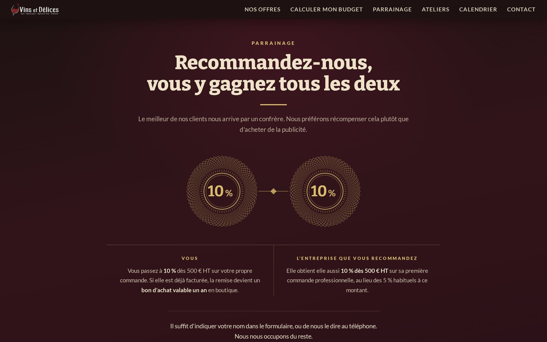 Section parrainage du site : deux sceaux guillochés « 10 % » reliés par un filet