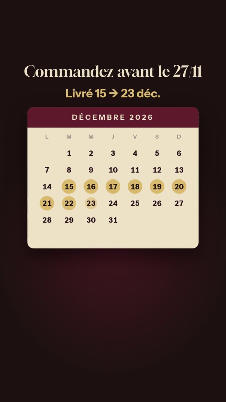 Calendrier de décembre 2026 avec les jours de livraison du 15 au 23 entourés