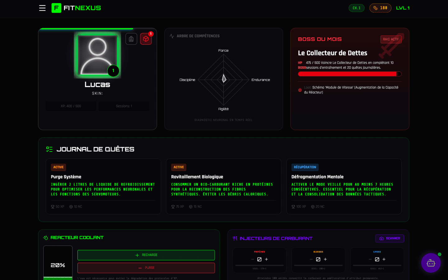 Tableau de bord FitNexus, interface sombre et verte